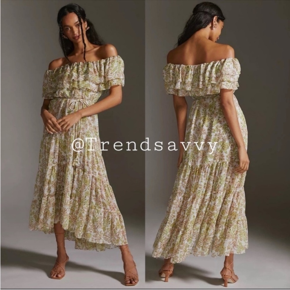 ANTHROPOLOGIE MISA Los Angeles Green Floral Off Shoulder Ruffle Midi Dress NWT
